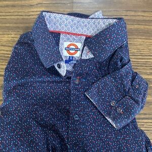 Trendy Navy Blue Dress Shirt with Red Accents